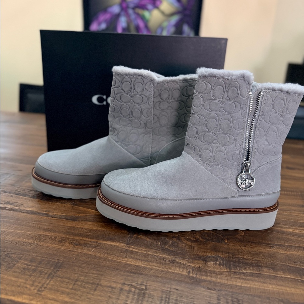 Coach ISA Light Gray (washed steel) Suede Shearling-Lined Boots with Zip Charm